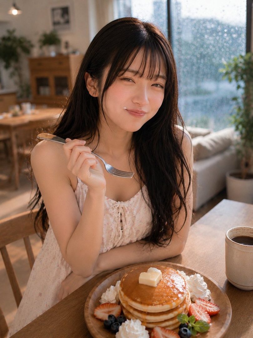 A young woman with long black hair and bangs smiles while holding a fork, with pancakes and coffee on the table in front of her.