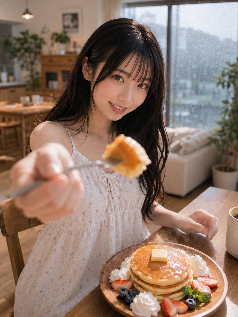 A young woman with long black hair and bangs, wearing a white casual dress, smiles while offering a bite of pancake on a fork, with a plate of pancakes and fruit in front of her.
