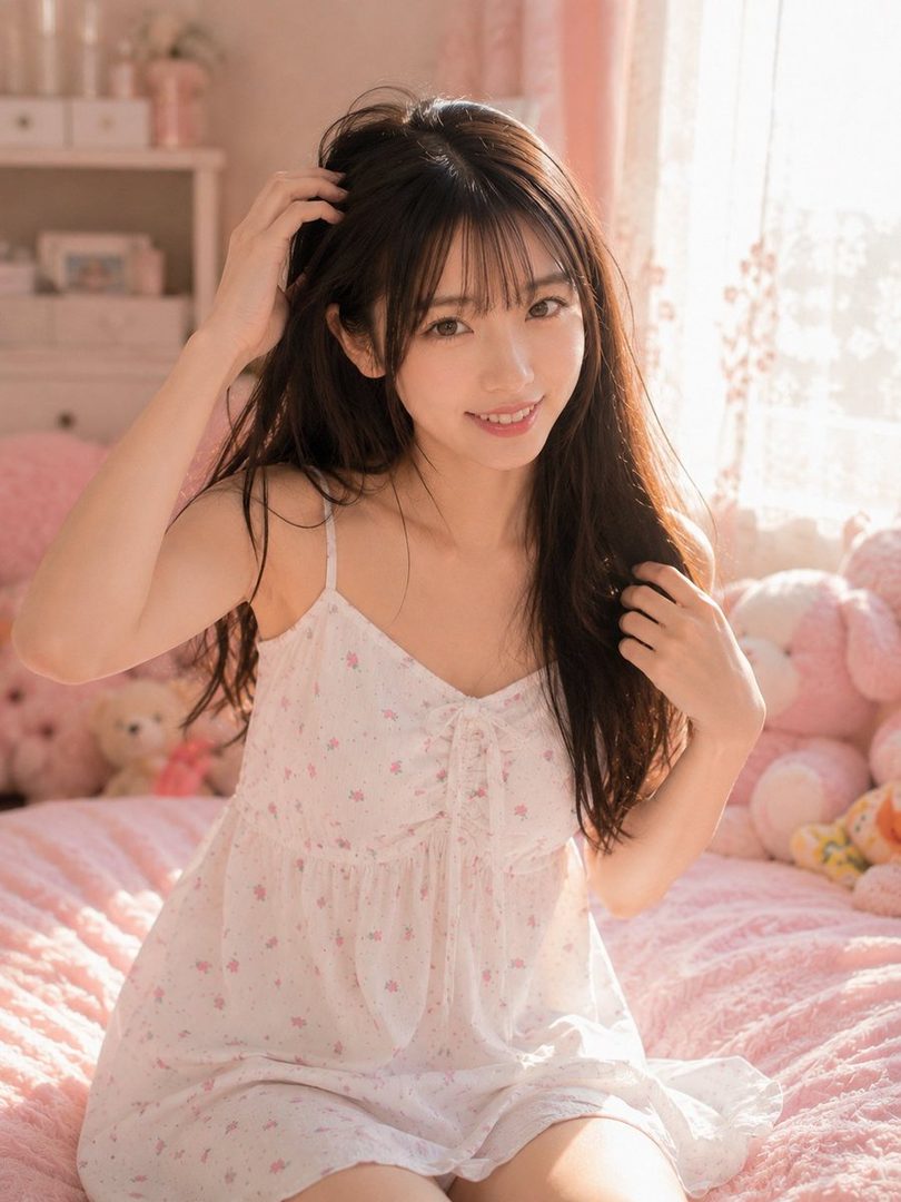 A young woman with long dark hair and bangs, wearing a white floral camisole, smiles while sitting on a pink bed in a sunlit bedroom.