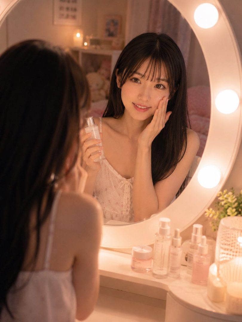 A young woman with long black hair and bangs is seen in a mirror reflection, applying skincare products to her face in a softly lit room.