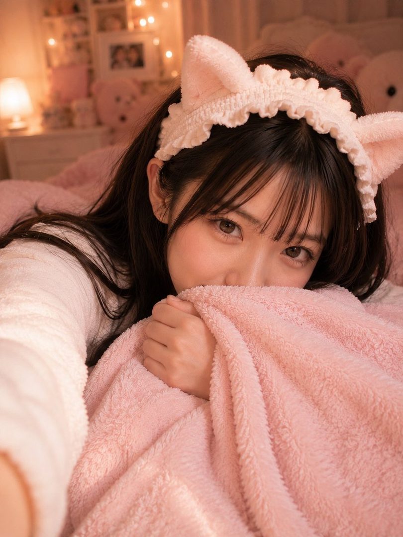 A cute East Asian woman with long black hair and bangs, wearing a pink cat-ear headband, peeks over a pink blanket in a cozy bedroom with warm lighting.