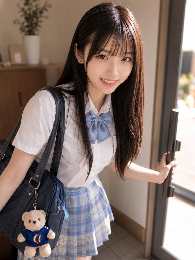 A young woman in a Japanese school uniform with a plaid skirt and a white shirt, holding a school bag with a teddy bear charm, smiles while opening a door.