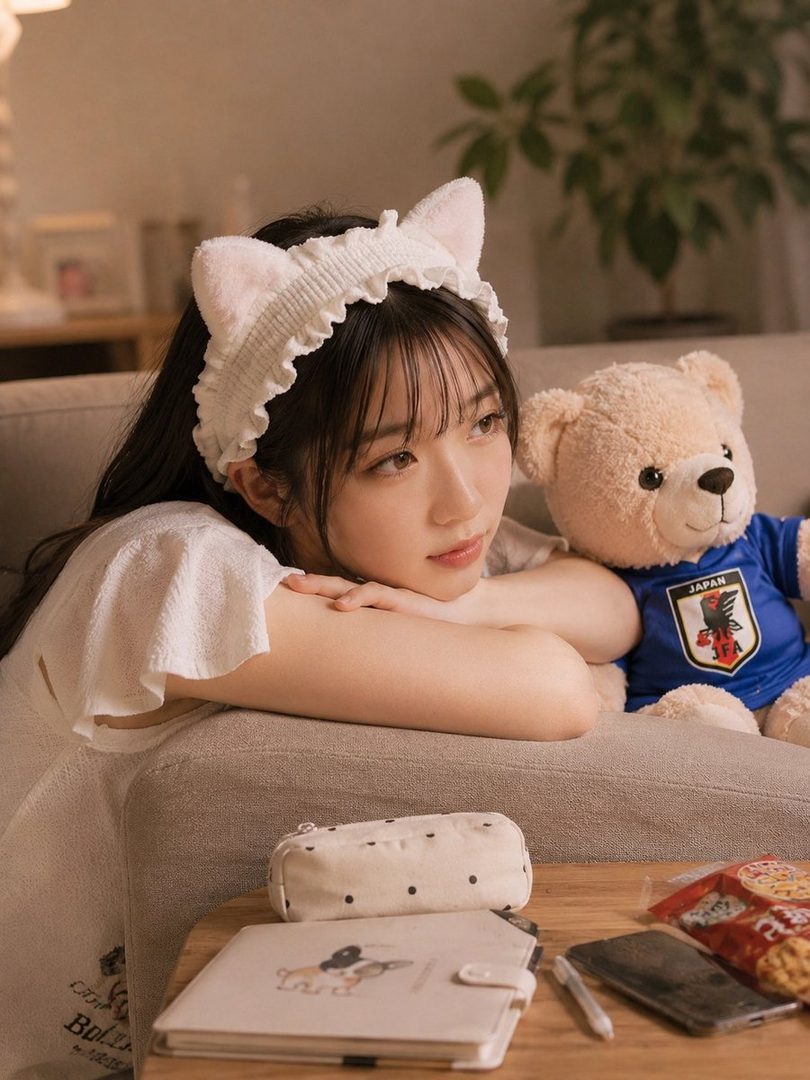 A young woman with long black hair and bangs, wearing a white cat-ear headband and a casual white top, rests her head on her arms next to a teddy bear wearing a Japan soccer jersey, in a cozy indoor setting.