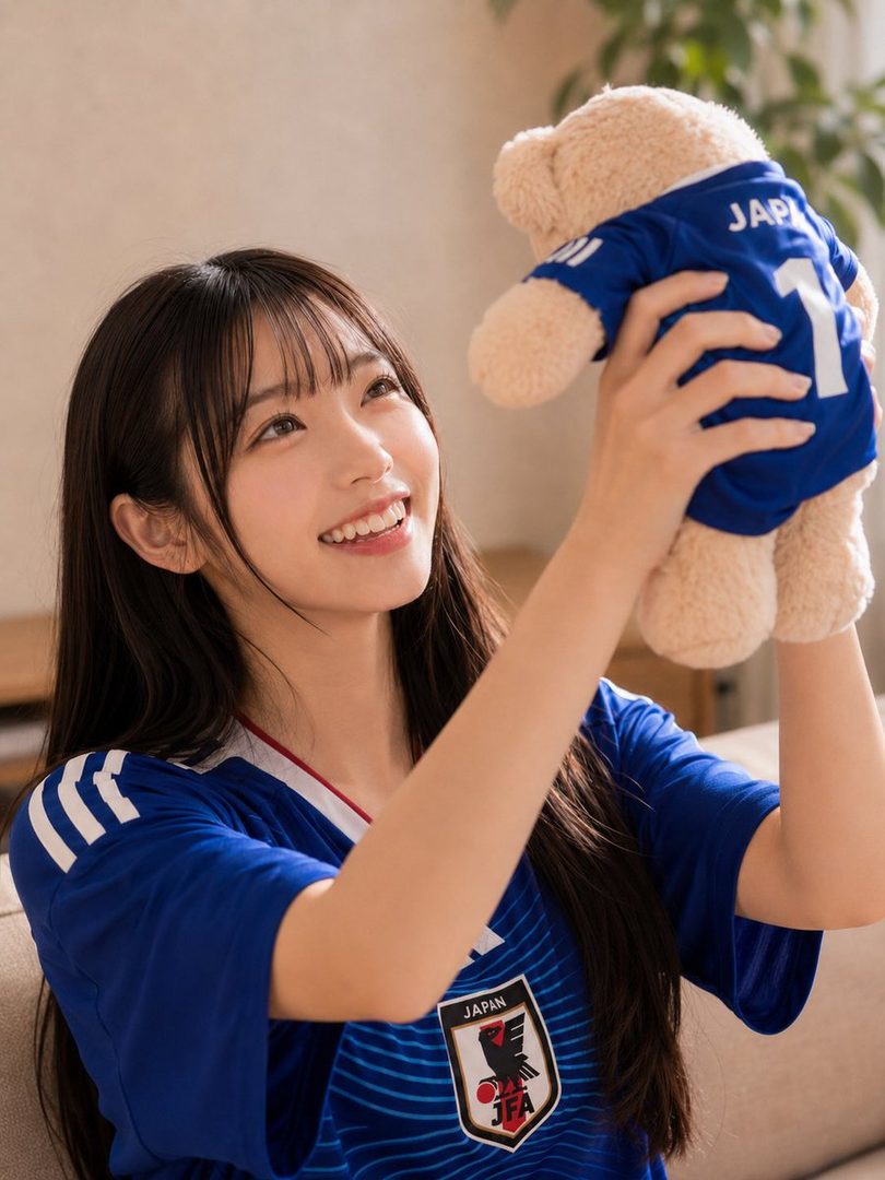 A young woman with long black hair and bangs, wearing a blue Japan national football team jersey, smiles while holding up a teddy bear also dressed in a matching jersey.