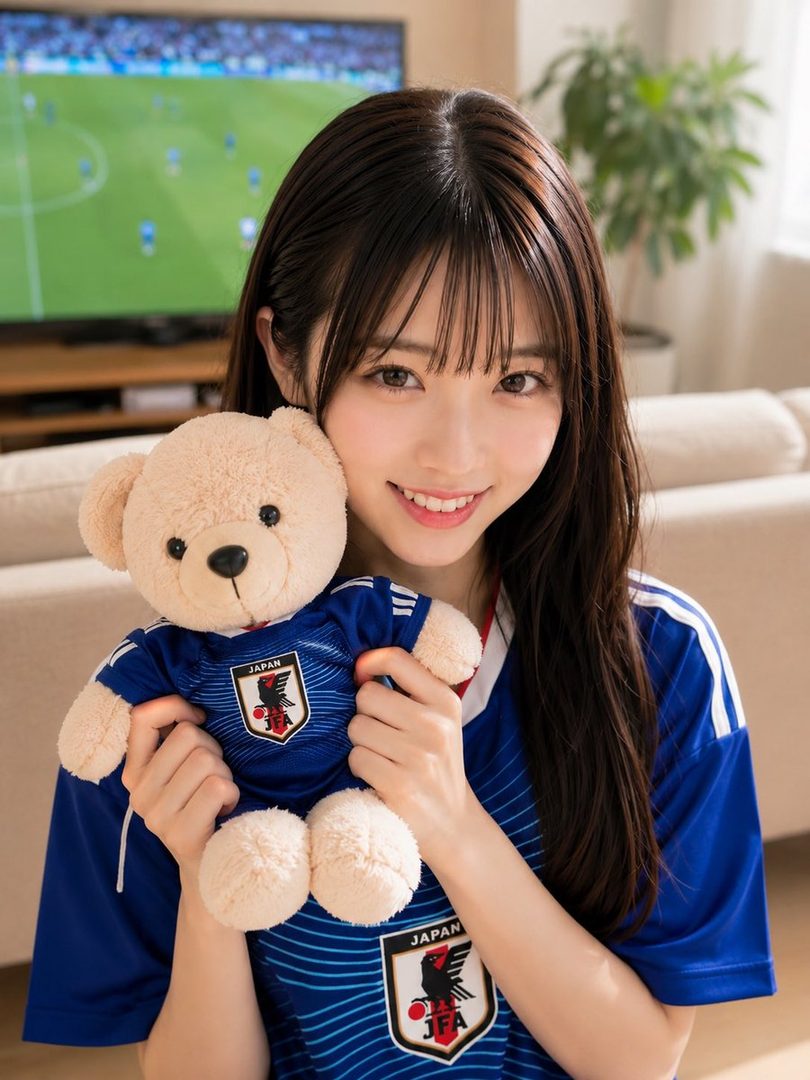 A young woman with long black hair and bangs, wearing a blue Japan national football team jersey, holds a teddy bear also dressed in a matching jersey, while watching a soccer game on TV in the background.