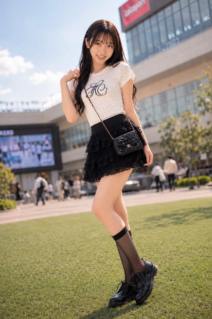 A young woman with long black hair and bangs smiles while posing outdoors in a white t-shirt, black ruffled skirt, and sheer black socks with black shoes.