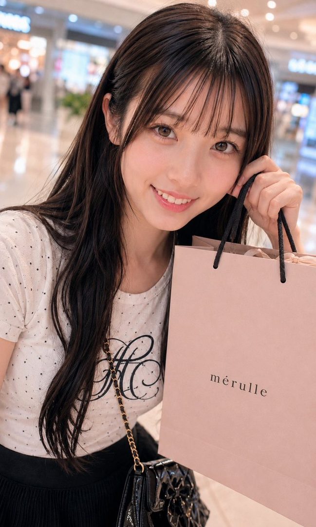 A smiling young woman with long brown hair and bangs holds a pink shopping bag in an indoor mall setting.