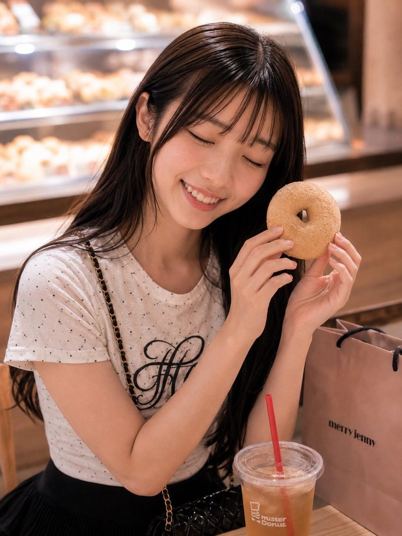 A young woman with long brown hair and bangs smiles while holding a donut in an indoor setting, with a drink and shopping bag on the table.