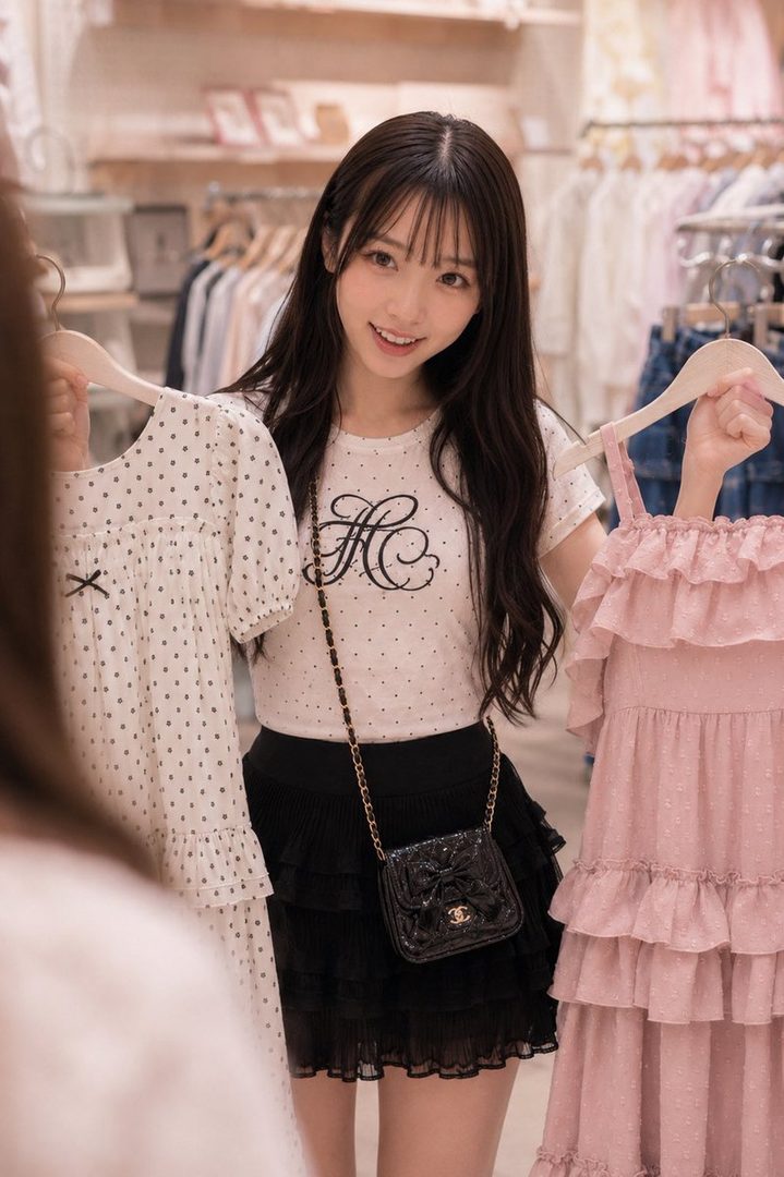 A young woman with long black hair and bangs smiles while holding up two dresses in a clothing store.