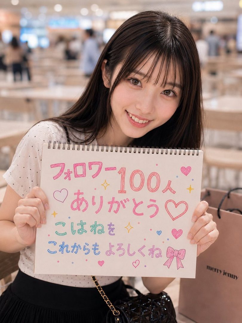 A smiling young woman with long black hair and bangs holds up a sign with Japanese text, wearing a white polka-dot top and black skirt, in an indoor setting.