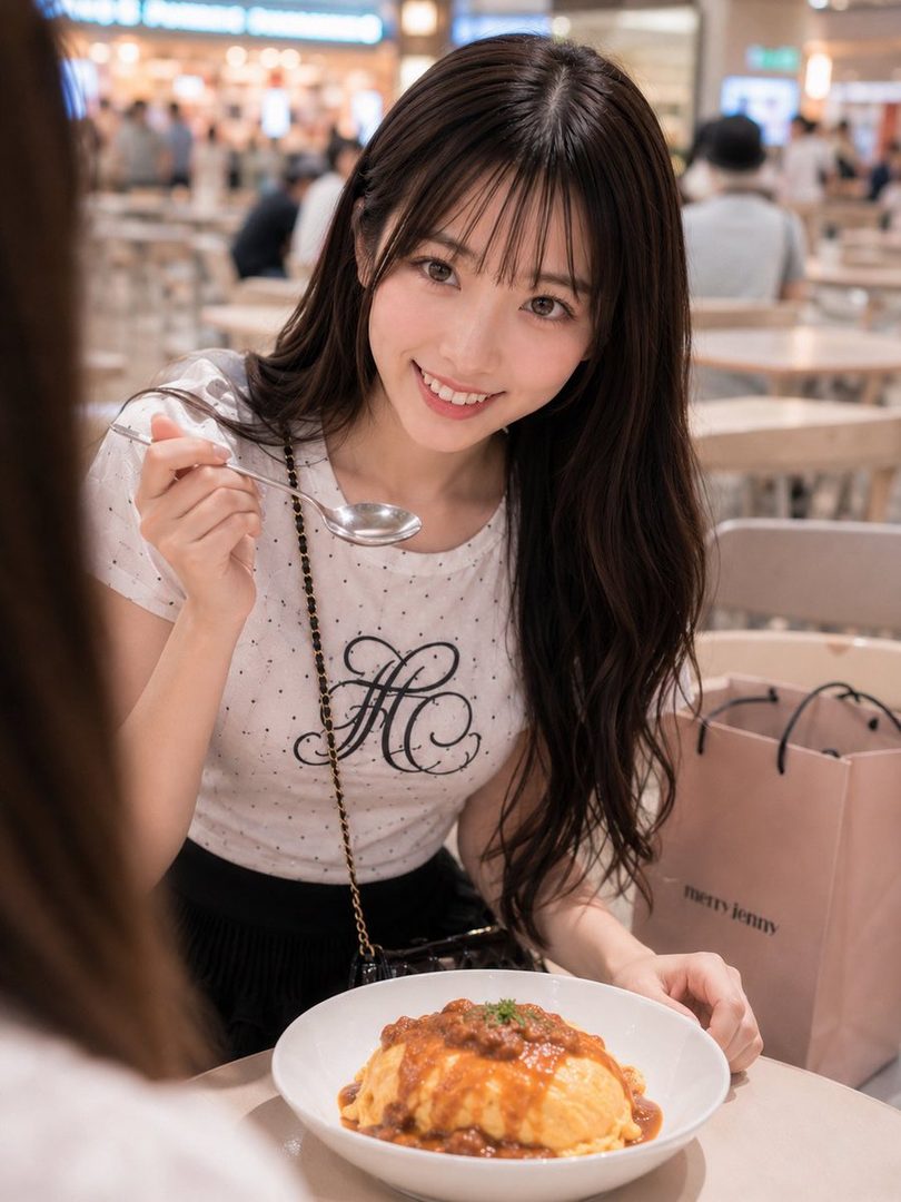A young woman with long brown hair and bangs smiles while holding a spoon over a plate of omurice in a casual indoor setting.