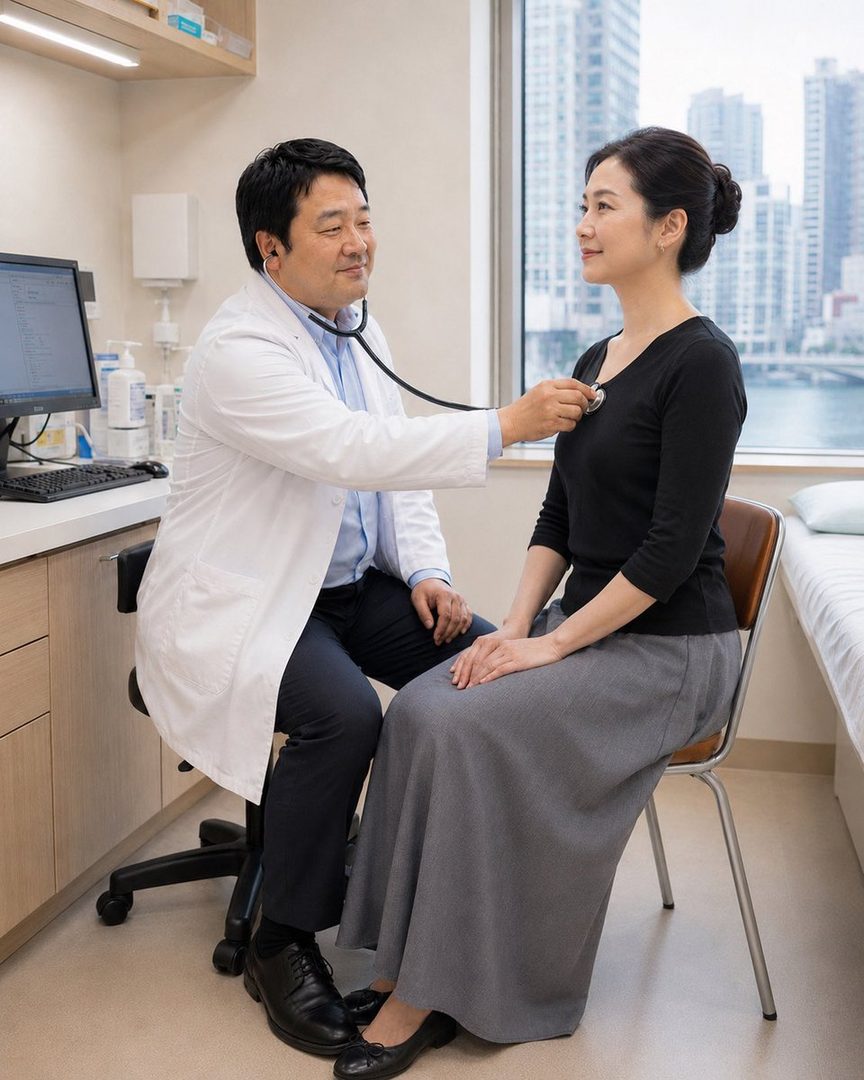A male doctor in a white lab coat uses a stethoscope to examine a female patient in a doctor's office with a city view.