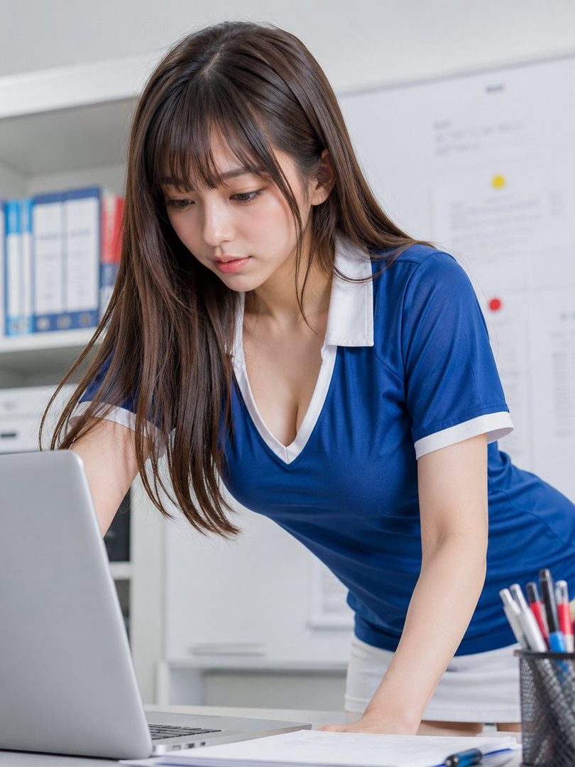A young woman with long brown hair and bangs, wearing a blue and white sports top, leans over a laptop in an office setting.