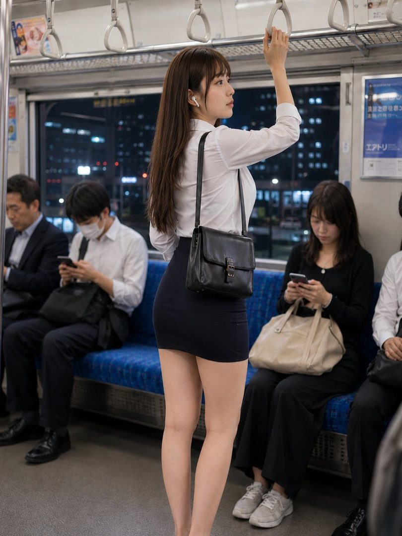A young woman with long brown hair and a white blouse stands in a subway car at night, holding onto a strap.