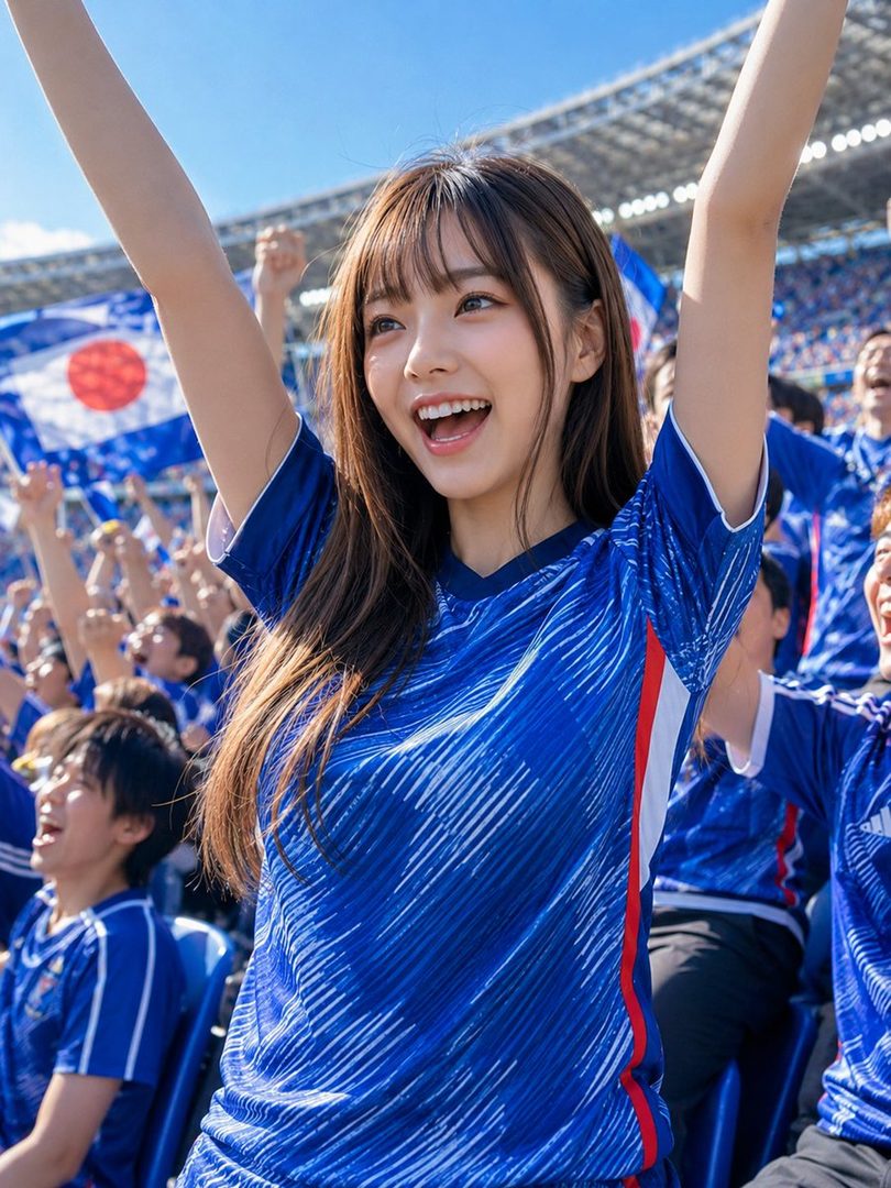 A young woman with long brown hair and bangs, wearing a blue soccer jersey, cheers enthusiastically with her arms raised in a stadium.