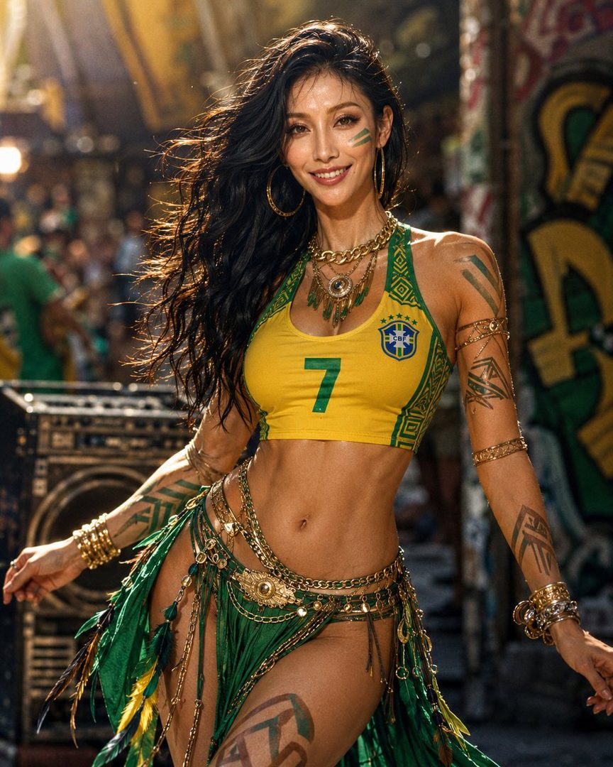 A beautiful woman with long dark hair and body paint smiles while wearing a yellow and green Brazilian flag-themed sports bra and a matching skirt with gold jewelry, standing on a street.
