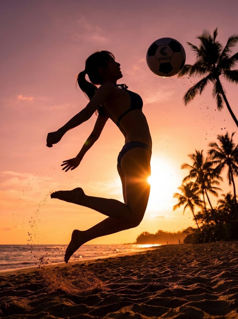 A silhouette of a woman in a bikini jumping on a beach at sunset, heading a soccer ball.