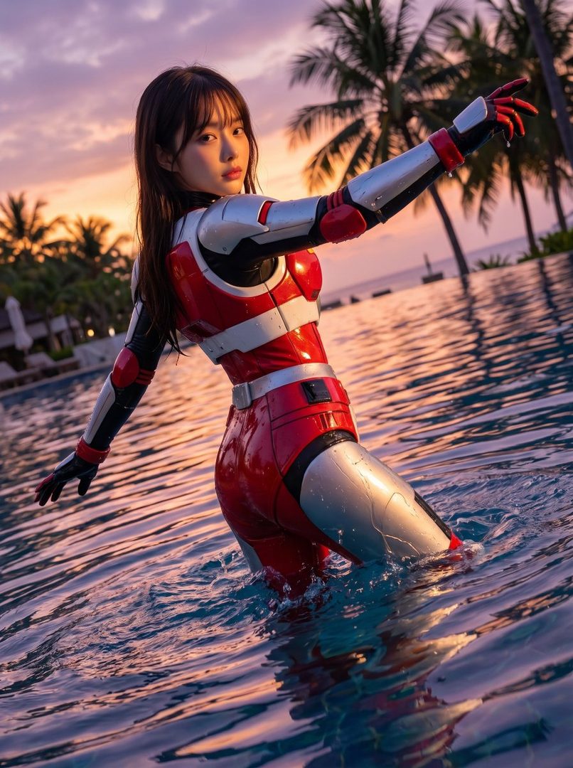 A woman in a red and silver futuristic suit stands in a swimming pool at sunset, with palm trees in the background.