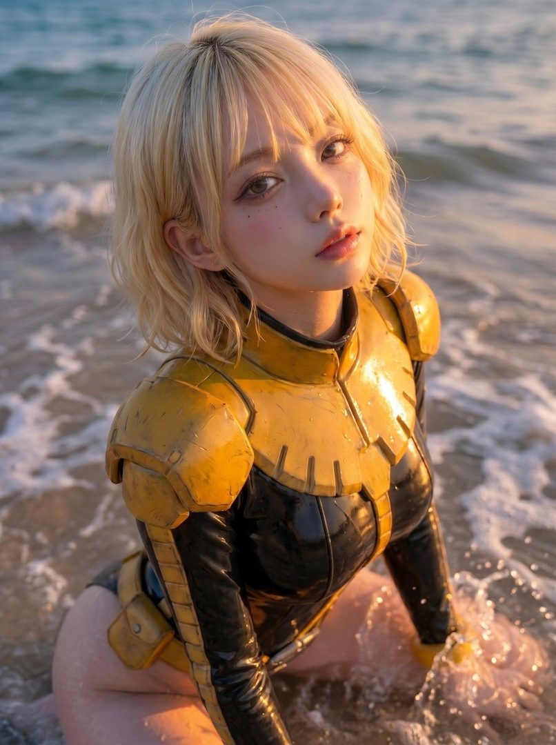 A blonde woman in a black and yellow armored suit kneels in the shallow water of a beach at golden hour.