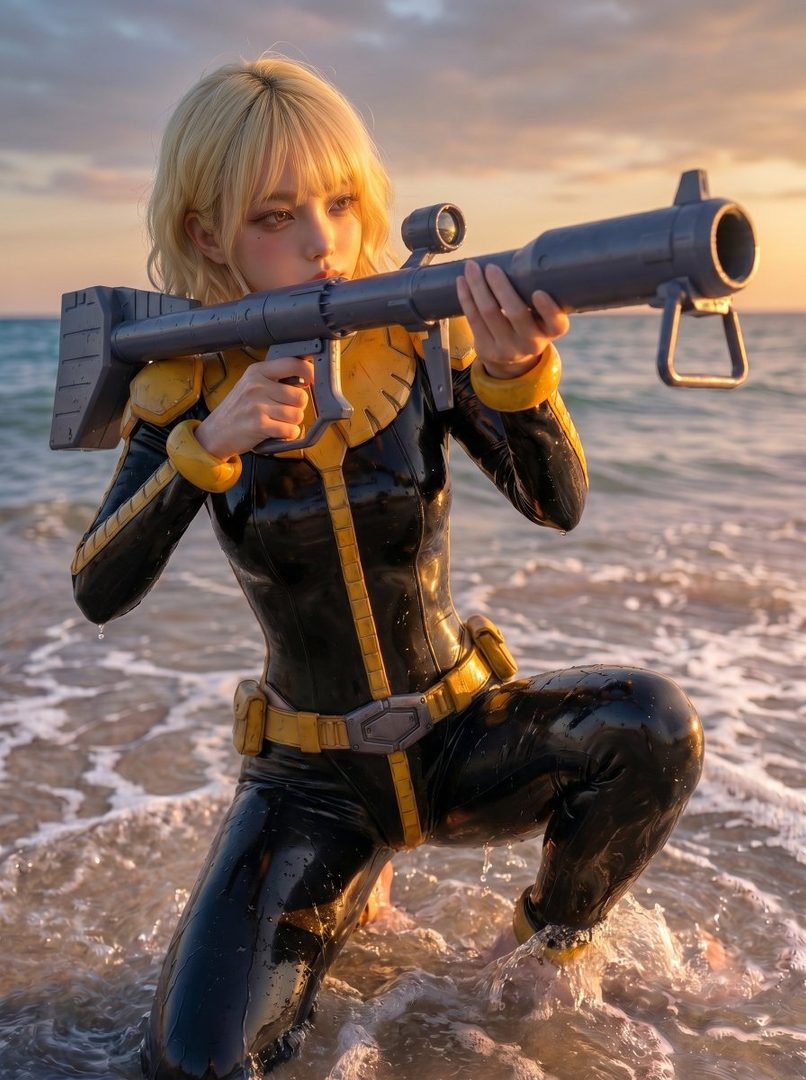 A blonde woman in a black and yellow futuristic suit kneels in the ocean at sunset, holding a large weapon.