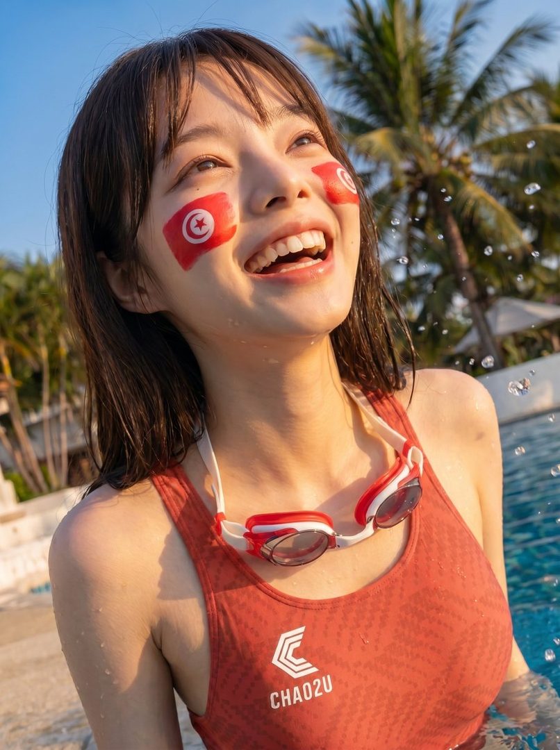 A young woman with Tunisian flag face paint and goggles around her neck smiles brightly by a swimming pool.
