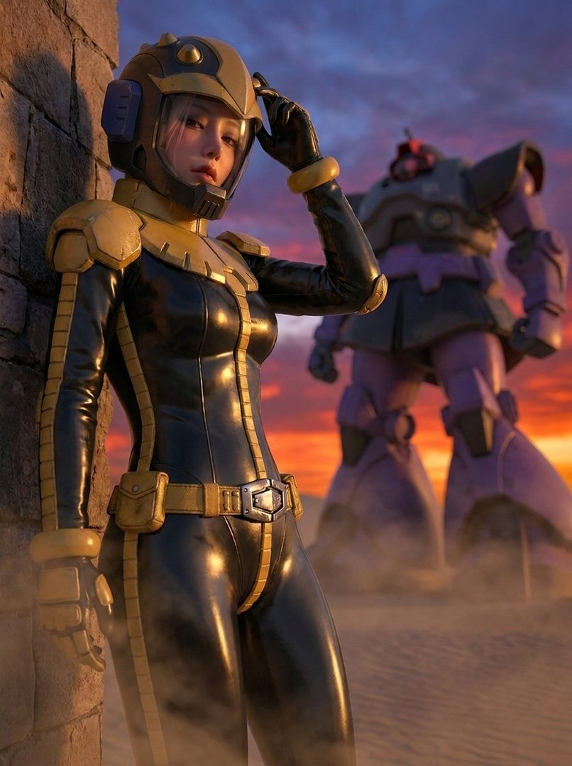 A woman in a black and gold pilot suit and helmet stands in a desert landscape with a giant robot in the background at sunset.