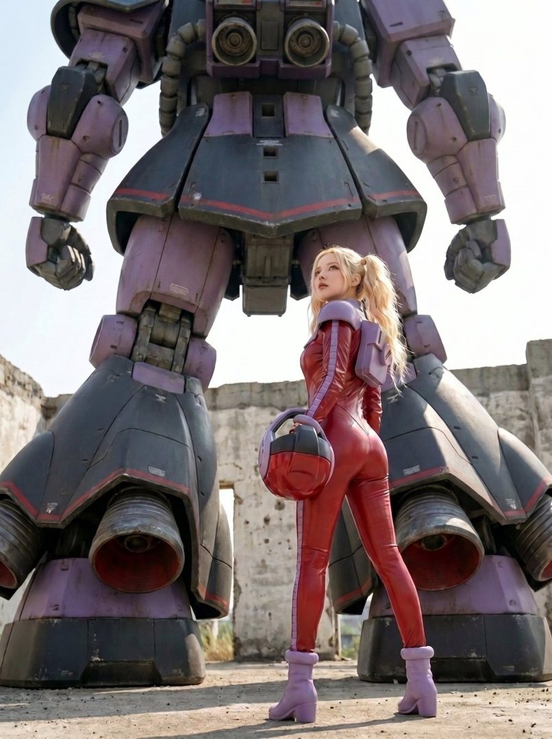 A woman in a red and purple jumpsuit with pigtails stands in front of a large purple robot, holding a helmet.