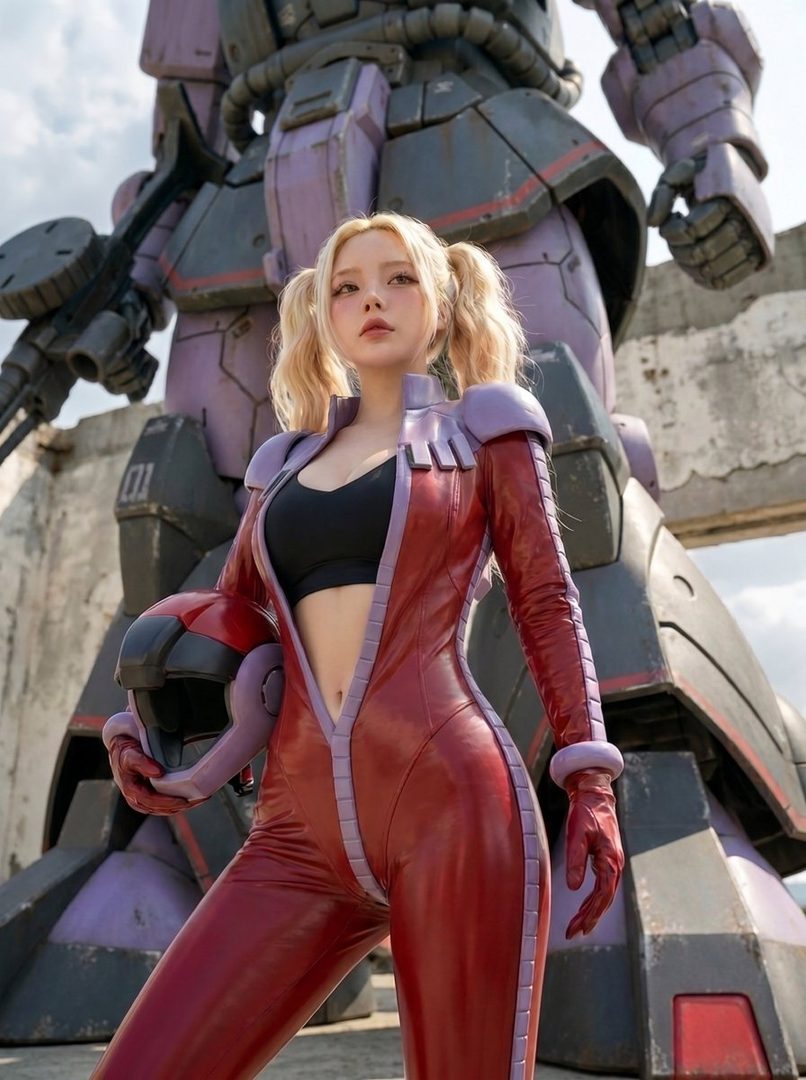 A blonde woman in a red and purple racing suit with pigtails holds a helmet, standing in front of a large robot.