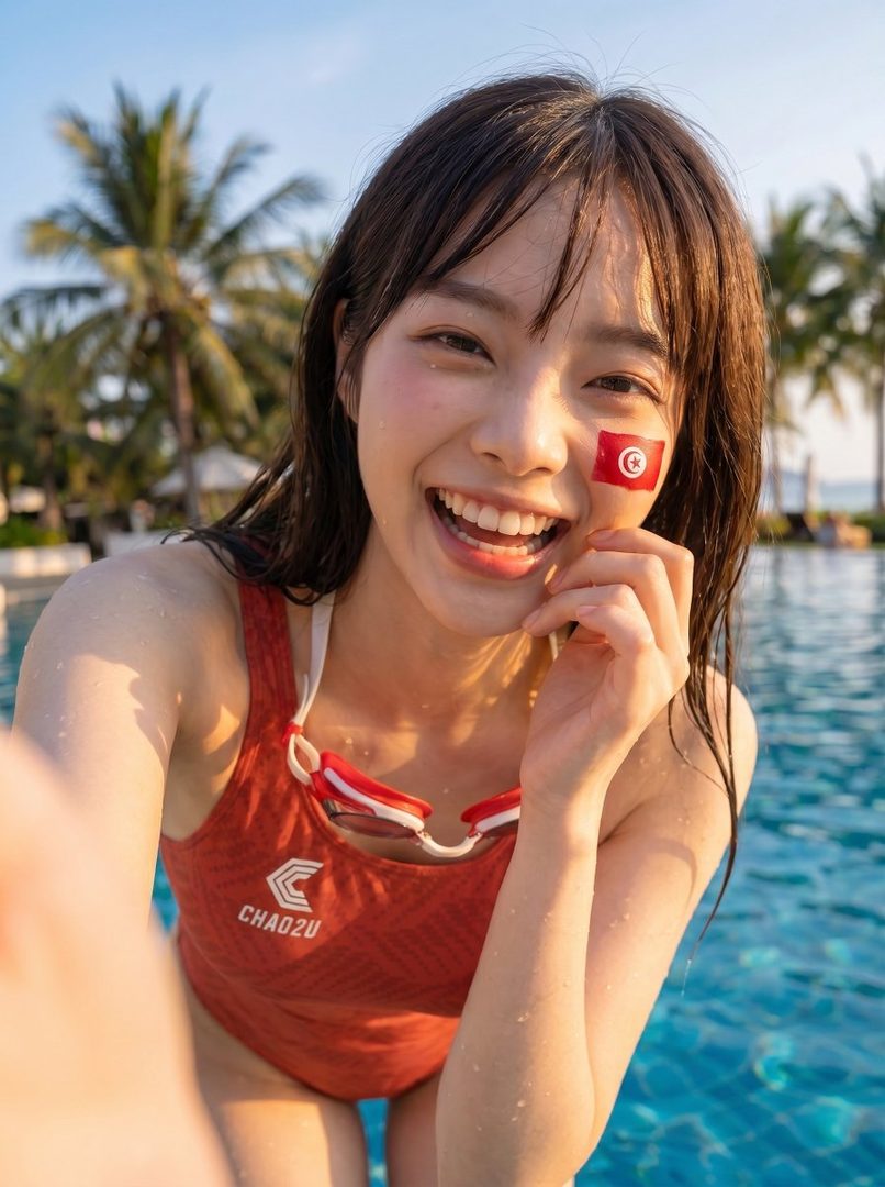 A smiling woman in a red swimsuit with a Tunisian flag sticker on her cheek takes a selfie by a swimming pool with palm trees in the background.