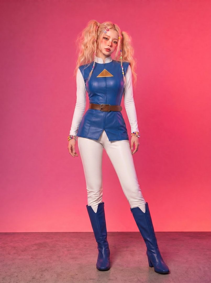 A woman with blonde twintails and a blue and white cosplay outfit poses in a studio with a pink background.