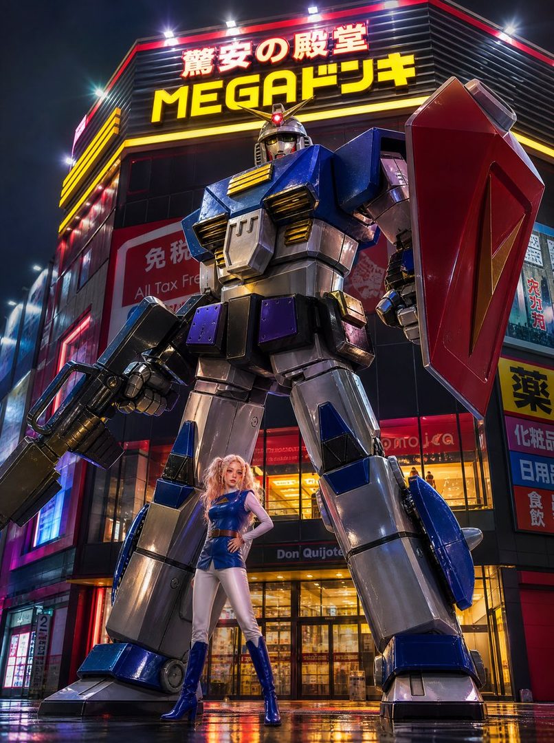 A woman in a blue and white futuristic suit with blonde twintails stands in front of a giant Gundam statue and a brightly lit Don Quijote store at night.