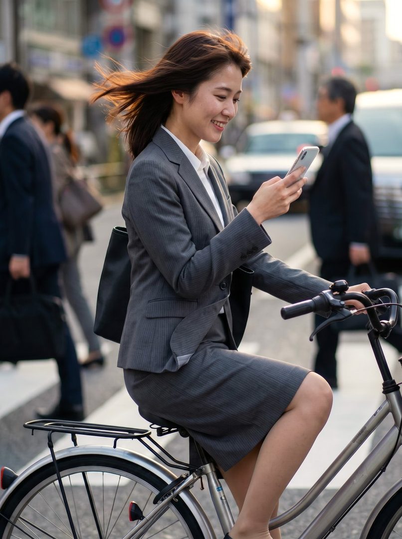 A smiling woman in a grey business suit rides a bicycle on a city street while looking at her phone.