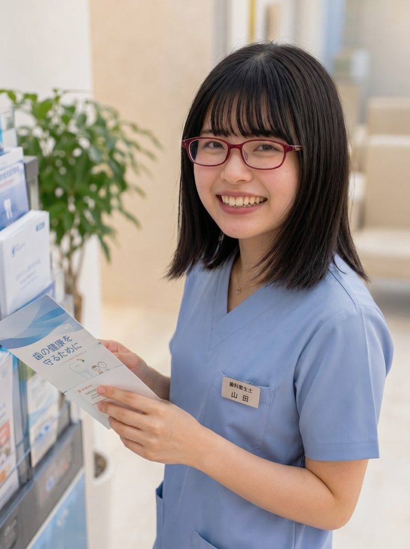 A young Japanese woman with black hair and red glasses, wearing a light blue medical scrub, smiles while holding a brochure indoors.