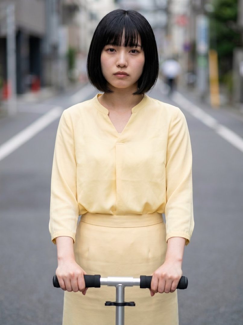 A young woman with short black hair and bangs, wearing a light yellow blouse and skirt, stands on a street holding a scooter.