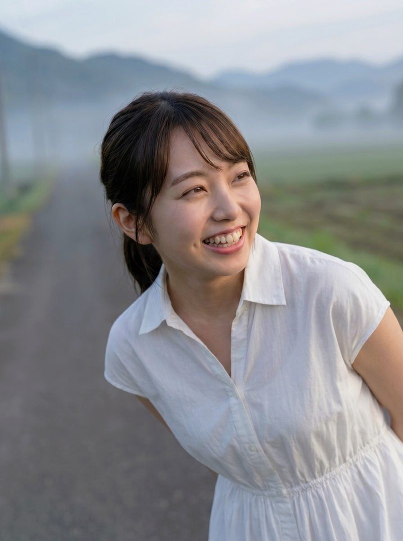 A young woman with a ponytail and bangs smiles brightly while standing outdoors in a white dress, with a misty mountain landscape in the background.