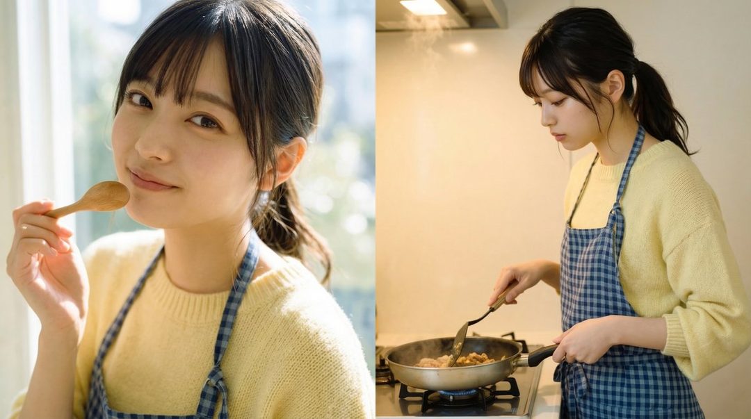A young woman in a yellow knit sweater and a blue checkered apron is cooking in a kitchen, with one shot showing her tasting food from a wooden spoon and another showing her stirring a pan on the stove.