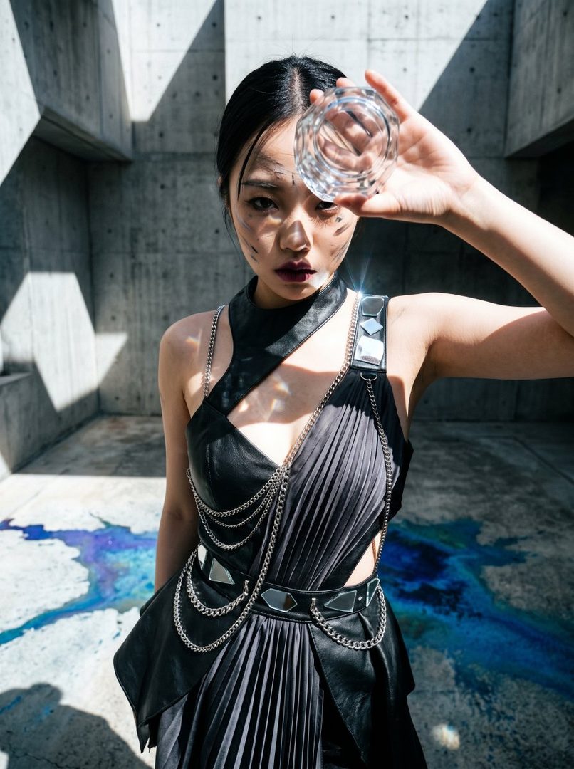 A woman with black hair and dark makeup holds a clear, faceted object in front of her face, wearing a black dress with chains and mirrored accents, standing in a concrete outdoor setting with blue and purple liquid on the ground.