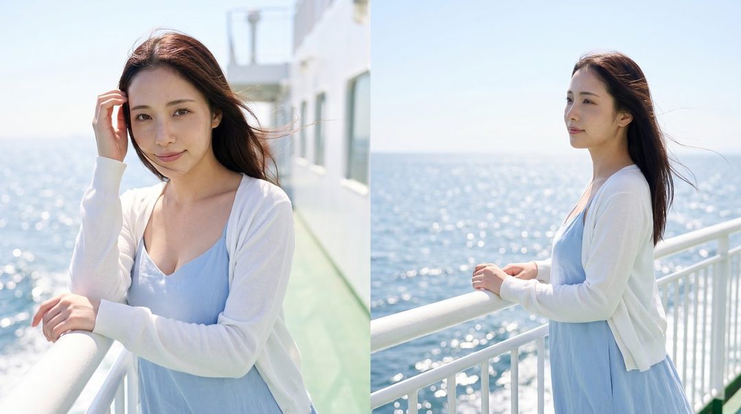 A young woman with long brown hair, wearing a light blue dress and white cardigan, stands on a boat deck overlooking the ocean on a sunny day.