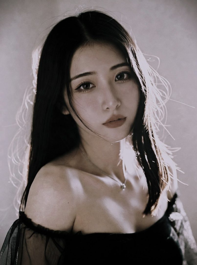 A photorealistic portrait of a young East Asian woman with long black hair, wearing an off-the-shoulder black dress, looking directly at the camera.