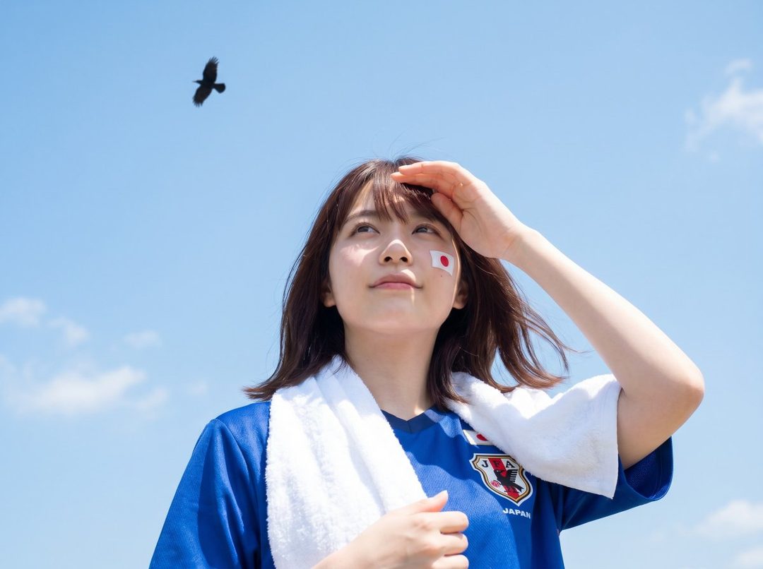 A young woman in a blue Japan national football team jersey with a Japanese flag sticker on her cheek looks up at the sky, shielding her eyes with her hand, with a bird flying in the clear blue sky.