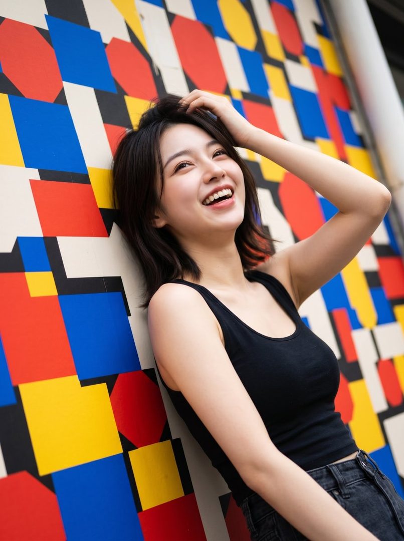 A young woman with short black hair smiles brightly while leaning against a colorful geometric wall.