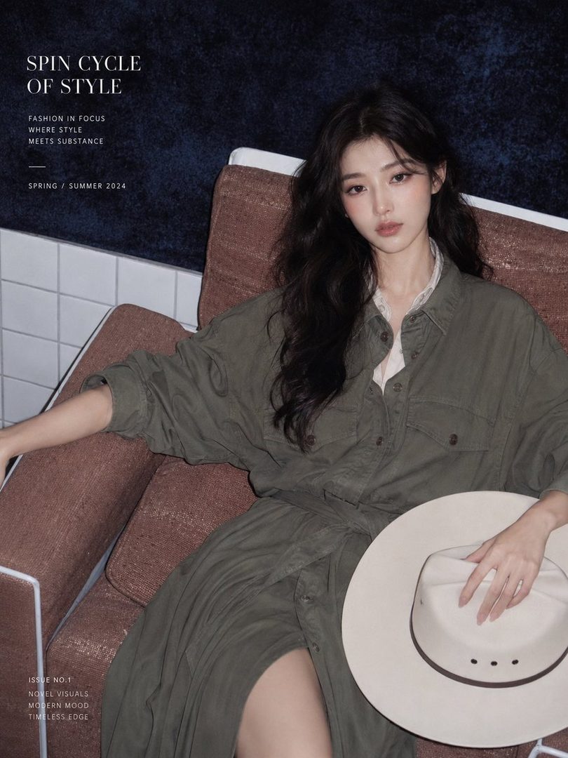 A woman with long black hair wearing a green dress and holding a white hat, sitting on a chair with text overlay.