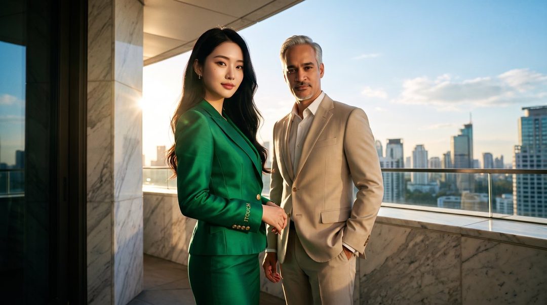 A woman in a green suit and a man in a beige suit stand on a rooftop overlooking a city skyline at golden hour.
