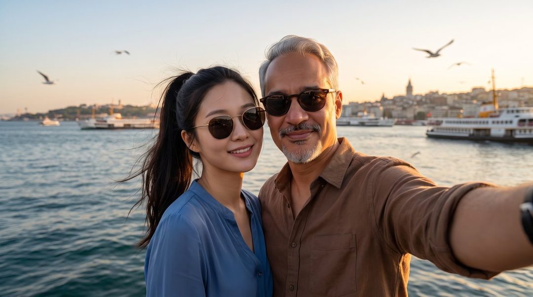 A man and a woman take a selfie by the water with a city skyline in the background at golden hour.