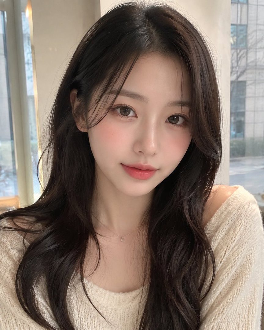 A photorealistic AI portrait of a young woman with long dark hair and a light-colored knit top, looking directly at the viewer.