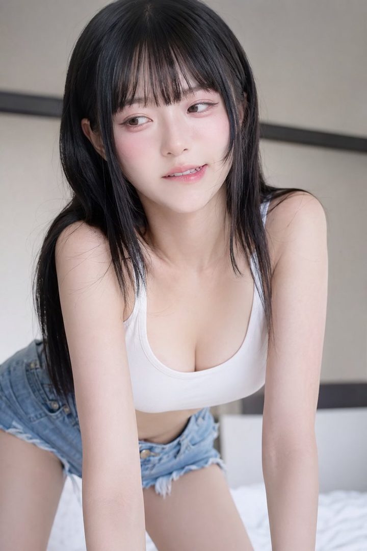A young woman with long black hair and bangs, wearing a white tank top and denim shorts, looking to the side with a playful expression.