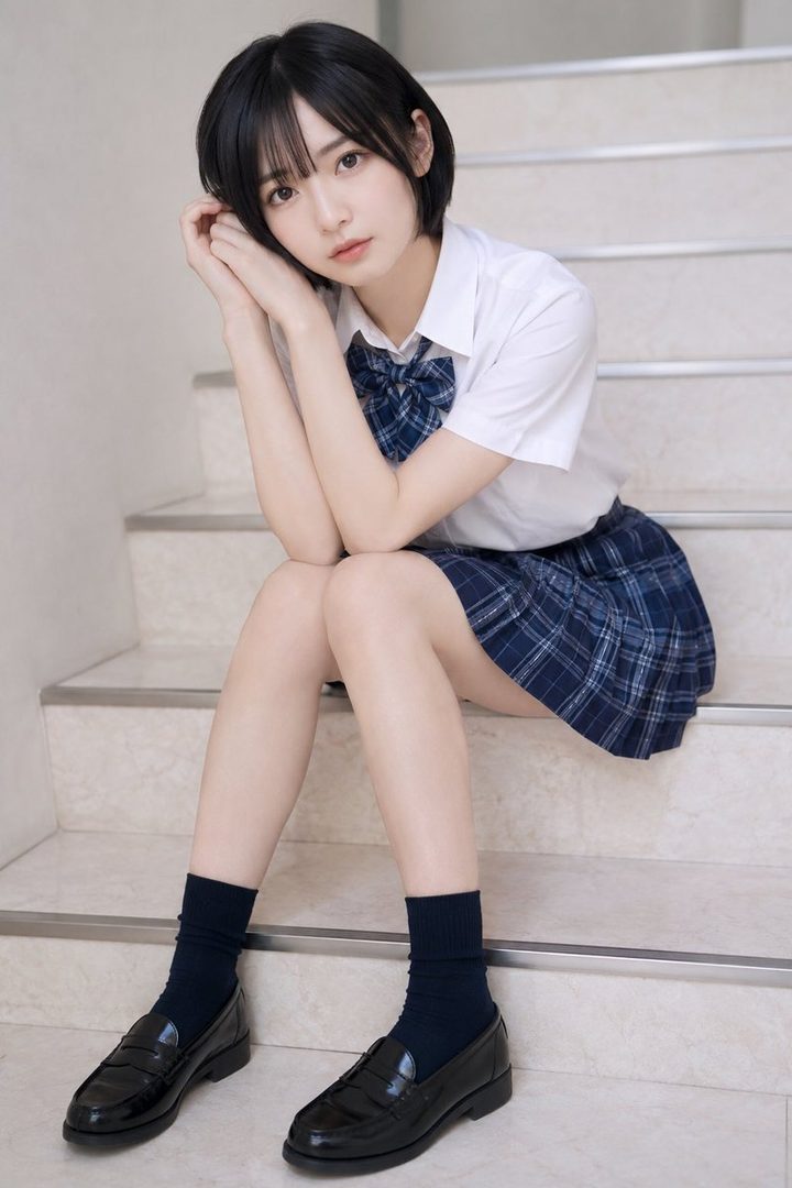 A young woman with short black hair, wearing a Japanese school uniform with a white shirt, plaid skirt, and loafers, sits on indoor stairs.