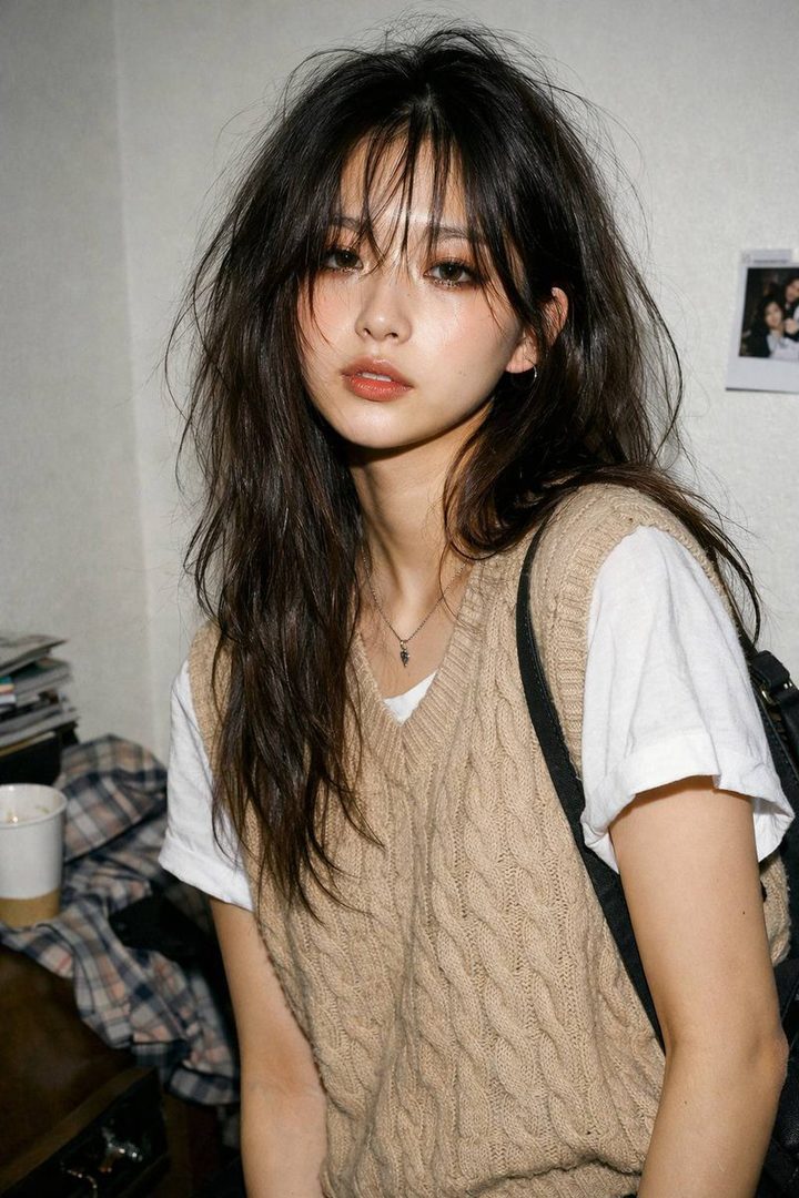 A photorealistic portrait of a young woman with long messy brown hair and bangs, wearing a beige knitted vest over a white t-shirt, looking directly at the camera.