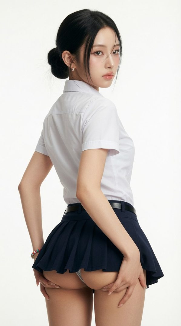 A photorealistic AI portrait of a young woman in a school uniform, looking over her shoulder with a suggestive pose.