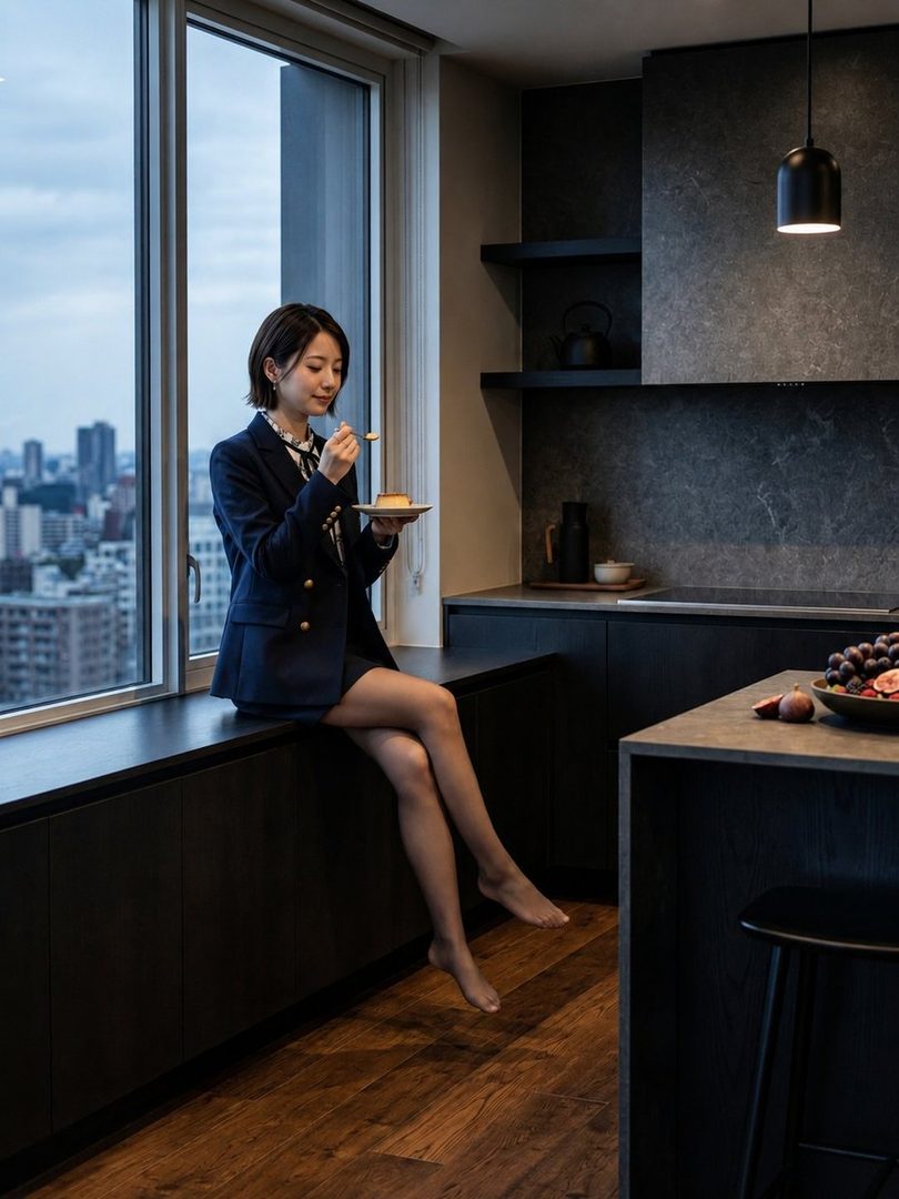 A woman in a dark suit jacket sits on a window ledge in a modern kitchen, eating dessert with a city view in the background.